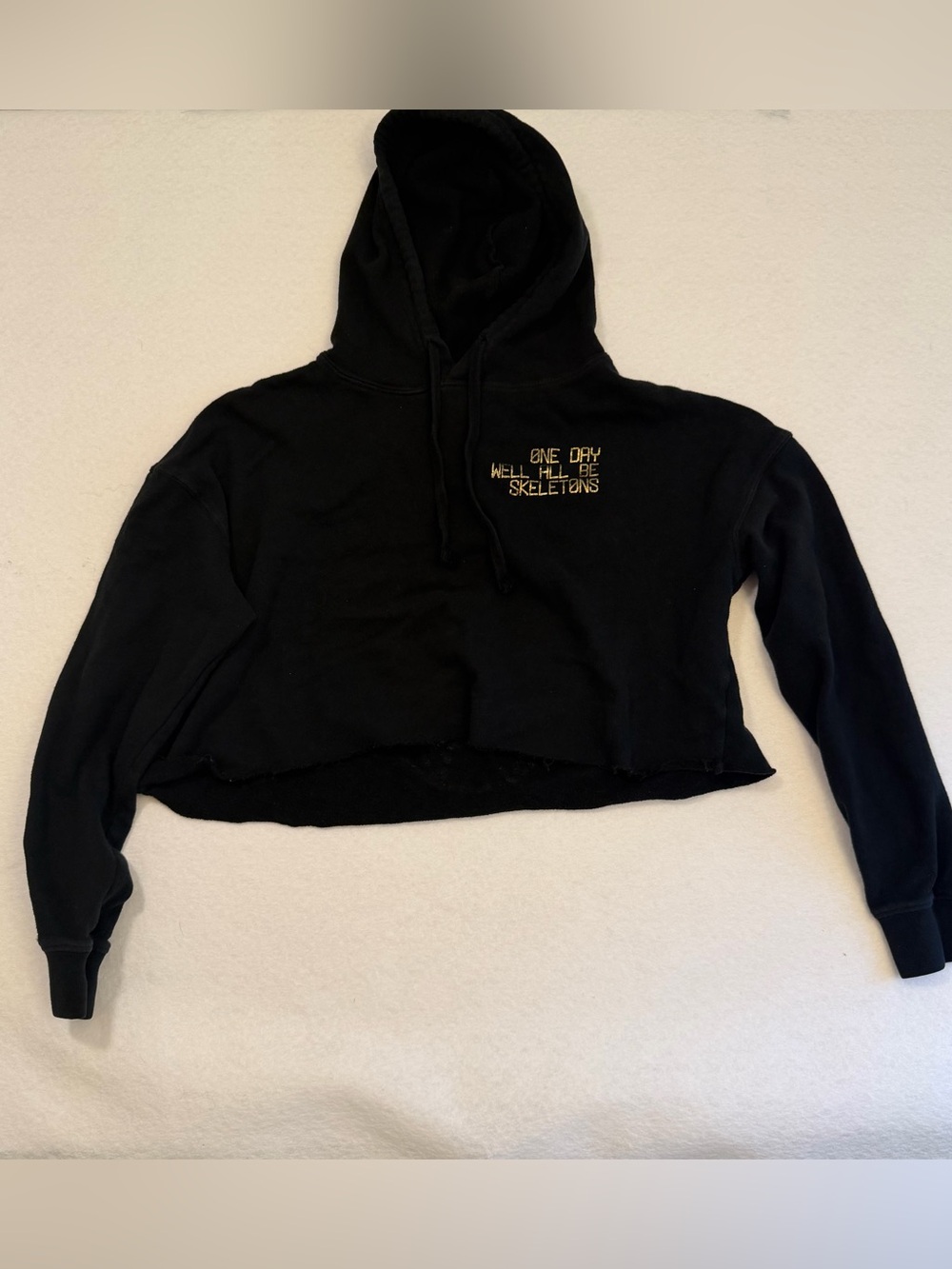 Black Cropped Hoodie with Embroidered Slogan